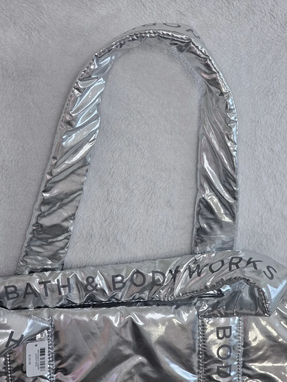 NWT Bath & Body Works Silver Metallic Puffer Tote Travel Gym Bag